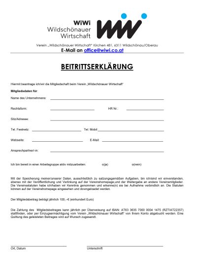 Beitrittserklärung Formular des Vereins WiWi Wildschönauer Wirtschaft